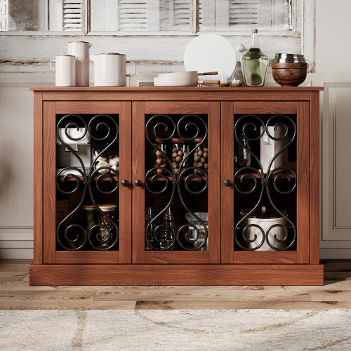 AEELLEEA Sideboard Buffet Cabinet, Wood Storage Credenza with 3 Decorative Scroll Metal Doors and Adjustable Shelves for Kitchen Dining Room