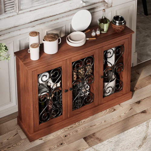 AEELLEEA Sideboard Buffet Cabinet, Wood Storage Credenza with 3 Decorative Scroll Metal Doors and Adjustable Shelves for Kitchen Dining Room