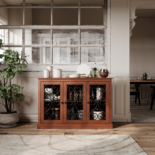 AEELLEEA Sideboard Buffet Cabinet, Wood Storage Credenza with 3 Decorative Scroll Metal Doors and Adjustable Shelves for Kitchen Dining Room