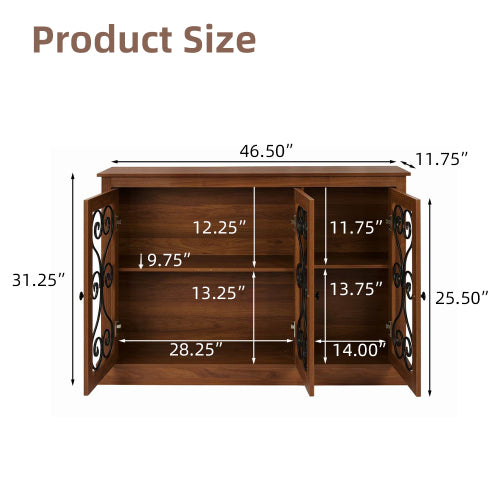 AEELLEEA Sideboard Buffet Cabinet, Wood Storage Credenza with 3 Decorative Scroll Metal Doors and Adjustable Shelves for Kitchen Dining Room