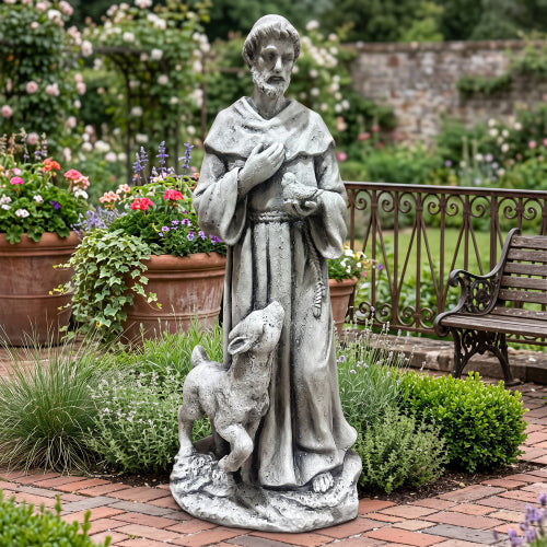 AEELLEEA Saint Francis Yard Decor Statue, 25.4 Inch Resin St Francis Figurine with Bird and Lamb, Weather Resistant Religious Outdoor Decoration
