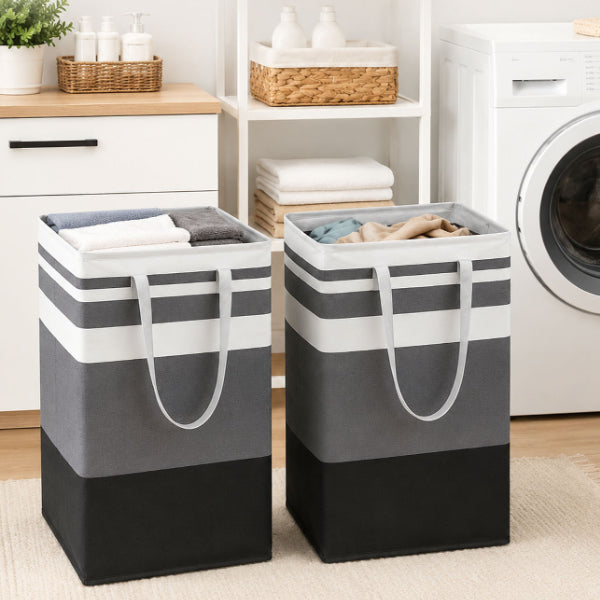 AEELLEEA 2 Pack Foldable Laundry Basket with Handles, Large Gray Striped Collapsible Clothes Hamper for Bedroom Bathroom Laundry Dorm