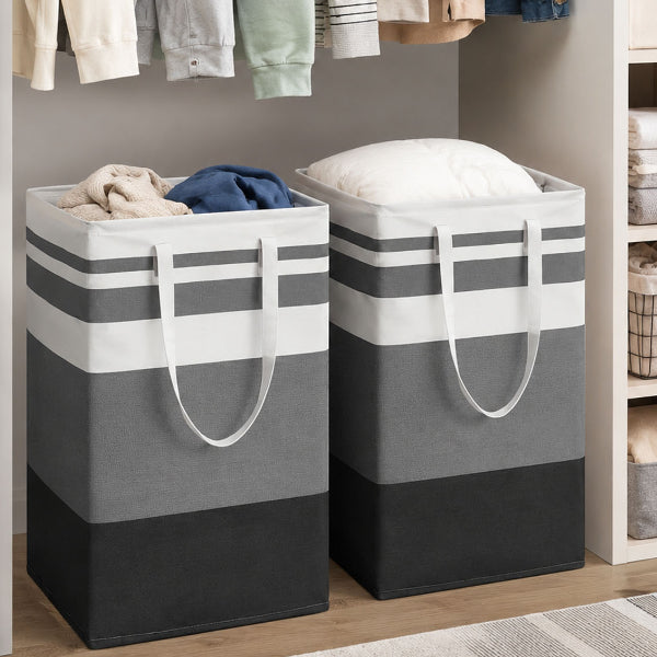 AEELLEEA 2 Pack Foldable Laundry Basket with Handles, Large Gray Striped Collapsible Clothes Hamper for Bedroom Bathroom Laundry Dorm