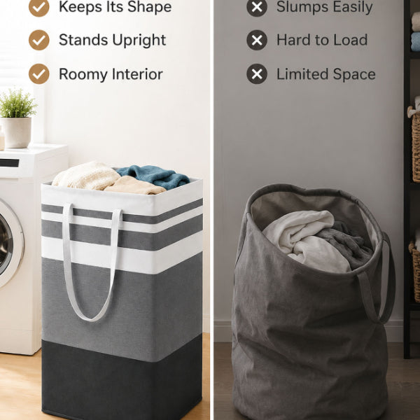 AEELLEEA 2 Pack Foldable Laundry Basket with Handles, Large Gray Striped Collapsible Clothes Hamper for Bedroom Bathroom Laundry Dorm
