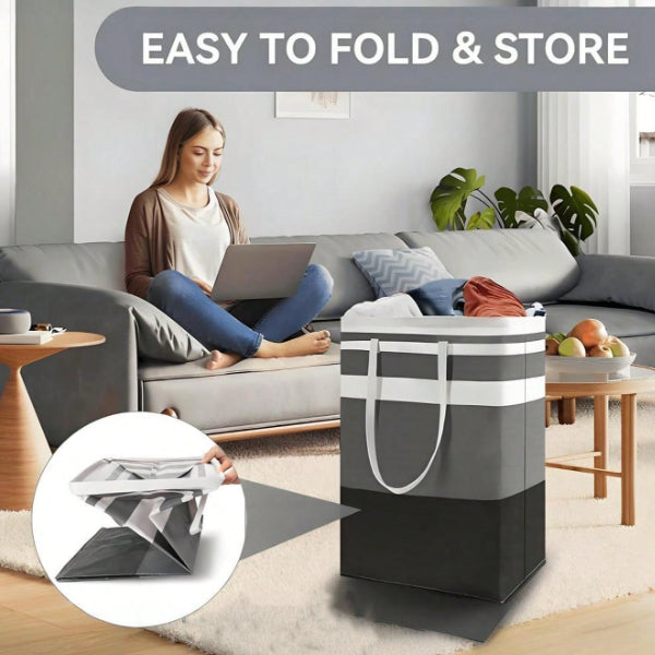 AEELLEEA 2 Pack Foldable Laundry Basket with Handles, Large Gray Striped Collapsible Clothes Hamper for Bedroom Bathroom Laundry Dorm