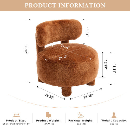 AEELLEEA Furry Accent Chair, Round Fluffy Upholstered Side Chair with Solid Wood Legs, 250lbs Capacity Soft Faux Fur Single Sofa Chair for Living Room