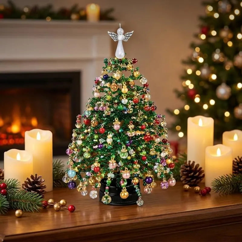 AEELLEEA DIY Beaded Christmas Tree Craft Kit for Adults, Handmade Bead Material Set with LED Lights, Angel Tree Topper Star, Desktop Holiday Decor, Christmas Gift