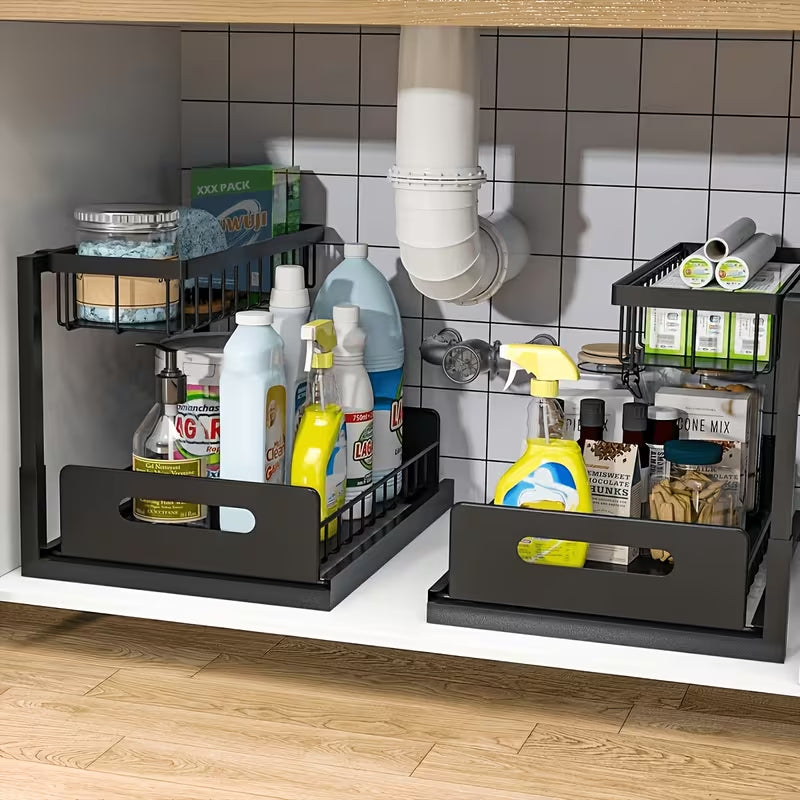 AEELLEEA 2 Tier Pull Out Under Sink Organizer, Black Metal Sliding Cabinet Storage Rack for Kitchen Bathroom Vanity, 1 Pack
