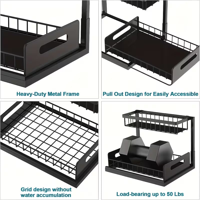 AEELLEEA 2 Tier Pull Out Under Sink Organizer, Black Metal Sliding Cabinet Storage Rack for Kitchen Bathroom Vanity, 1 Pack