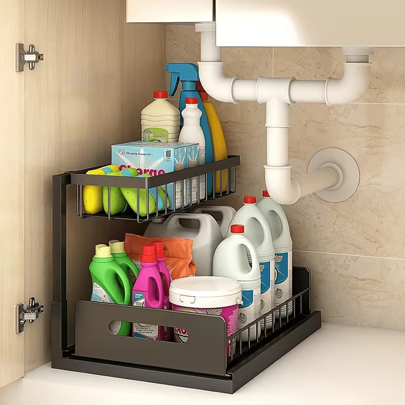 AEELLEEA 2 Tier Pull Out Under Sink Organizer, Black Metal Sliding Cabinet Storage Rack for Kitchen Bathroom Vanity, 1 Pack