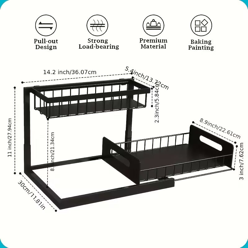 AEELLEEA 2 Tier Pull Out Under Sink Organizer, Black Metal Sliding Cabinet Storage Rack for Kitchen Bathroom Vanity, 1 Pack