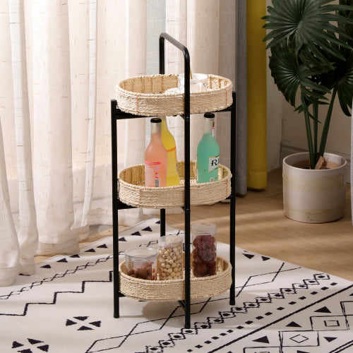 AEELLEEA 3-Tier Woven Storage Rack, Handwoven Basket Shelf with Metal Frame, Freestanding Narrow Organizer for Bedroom Living Room Entryway