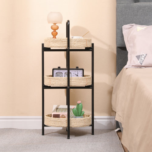 AEELLEEA 3-Tier Woven Storage Rack, Handwoven Basket Shelf with Metal Frame, Freestanding Narrow Organizer for Bedroom Living Room Entryway