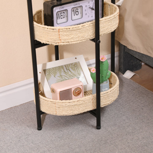 AEELLEEA 3-Tier Woven Storage Rack, Handwoven Basket Shelf with Metal Frame, Freestanding Narrow Organizer for Bedroom Living Room Entryway