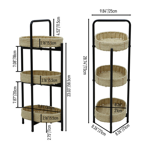 AEELLEEA 3-Tier Woven Storage Rack, Handwoven Basket Shelf with Metal Frame, Freestanding Narrow Organizer for Bedroom Living Room Entryway