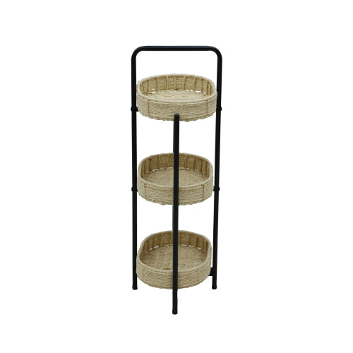 AEELLEEA 3-Tier Woven Storage Rack, Handwoven Basket Shelf with Metal Frame, Freestanding Narrow Organizer for Bedroom Living Room Entryway
