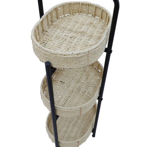 AEELLEEA 3-Tier Woven Storage Rack, Handwoven Basket Shelf with Metal Frame, Freestanding Narrow Organizer for Bedroom Living Room Entryway
