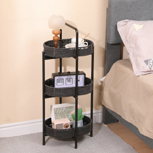 AEELLEEA 3-Tier Black Woven Storage Rack, Handwoven Basket Shelf with Metal Frame, Freestanding Narrow Organizer for Bedroom Living Room Entryway