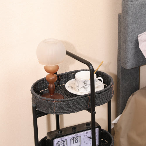 AEELLEEA 3-Tier Black Woven Storage Rack, Handwoven Basket Shelf with Metal Frame, Freestanding Narrow Organizer for Bedroom Living Room Entryway
