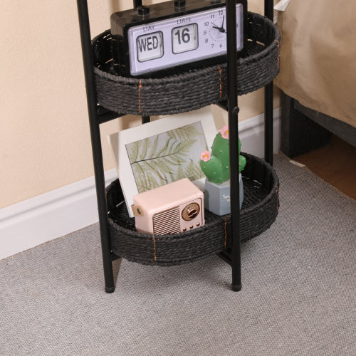 AEELLEEA 3-Tier Black Woven Storage Rack, Handwoven Basket Shelf with Metal Frame, Freestanding Narrow Organizer for Bedroom Living Room Entryway