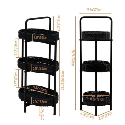 AEELLEEA 3-Tier Black Woven Storage Rack, Handwoven Basket Shelf with Metal Frame, Freestanding Narrow Organizer for Bedroom Living Room Entryway