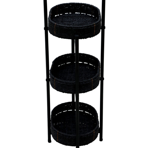 AEELLEEA 3-Tier Black Woven Storage Rack, Handwoven Basket Shelf with Metal Frame, Freestanding Narrow Organizer for Bedroom Living Room Entryway