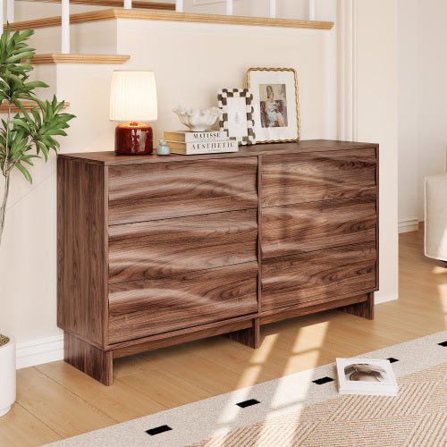 AEELLEEA 6 Drawer Dresser, Wood Grain Wave Front Chest of Drawers, Wide Storage Cabinet with Anti-Tip Device for Bedroom Living Room Hallway