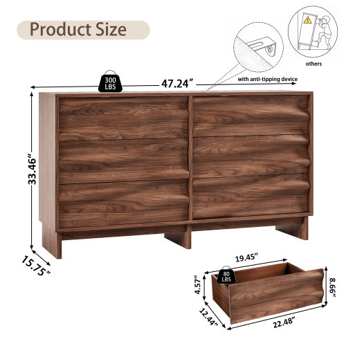 AEELLEEA 6 Drawer Dresser, Wood Grain Wave Front Chest of Drawers, Wide Storage Cabinet with Anti-Tip Device for Bedroom Living Room Hallway