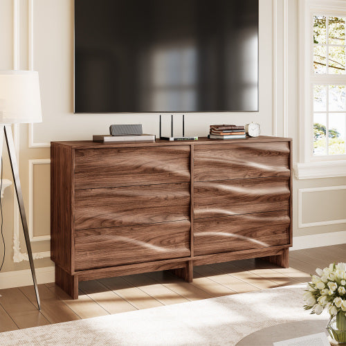 AEELLEEA 6 Drawer Dresser, Wood Grain Wave Front Chest of Drawers, Wide Storage Cabinet with Anti-Tip Device for Bedroom Living Room Hallway