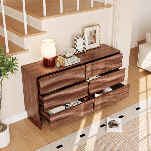 AEELLEEA 6 Drawer Wide Dresser, Wood Grain Wave Front Chest of Drawers, Large Storage Cabinet with Anti-Tip Device for Bedroom Living Room