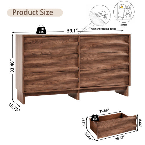 AEELLEEA 6 Drawer Wide Dresser, Wood Grain Wave Front Chest of Drawers, Large Storage Cabinet with Anti-Tip Device for Bedroom Living Room