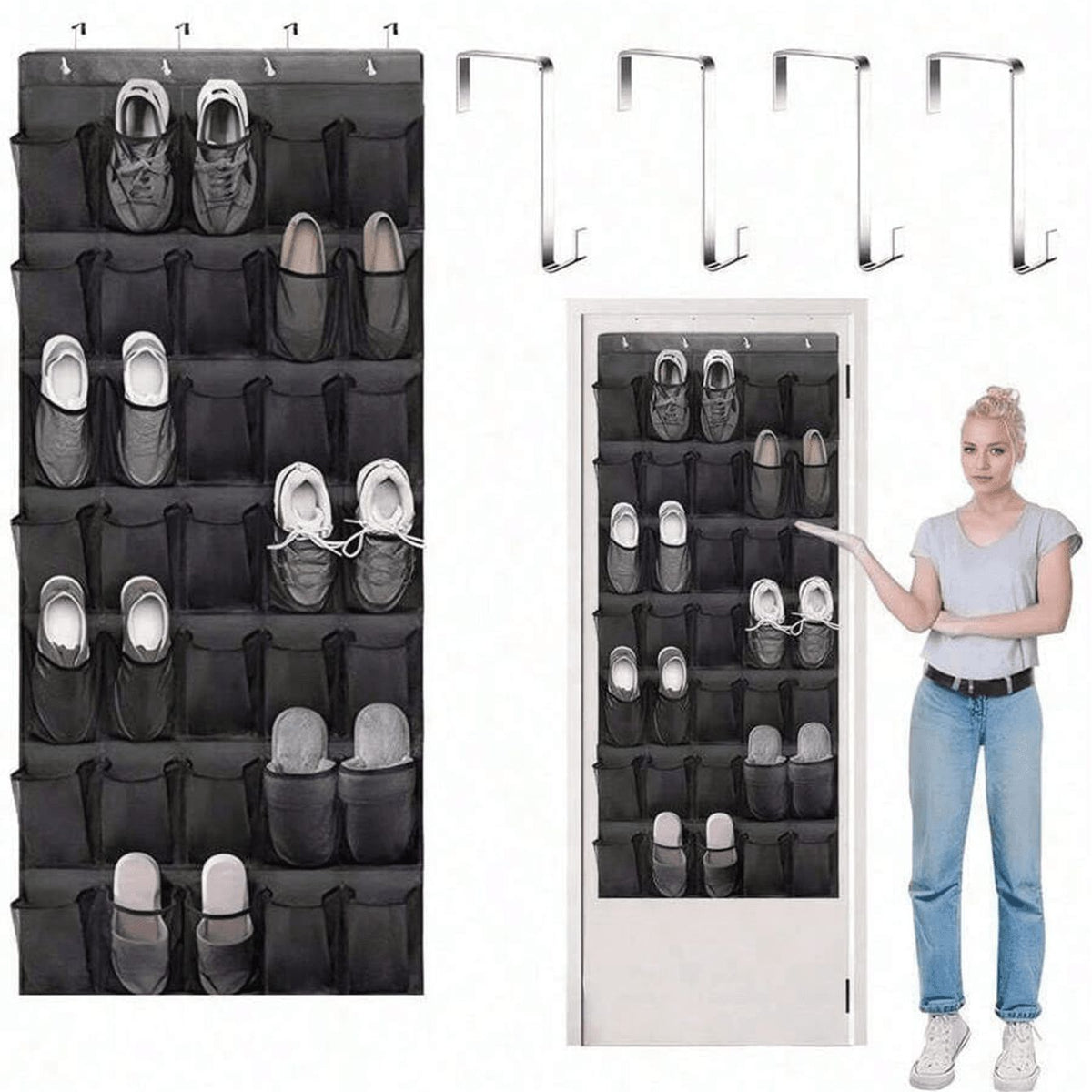AEELLEEA Over the Door Shoe Organizer, 35 Pocket Black Hanging Shoe Rack with 4 Metal Hooks, Breathable Mesh for Closet Entryway Dorm