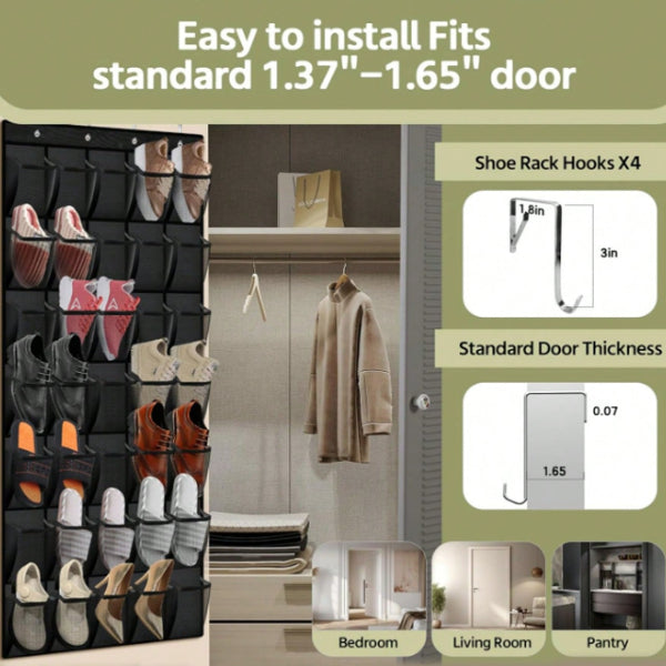 AEELLEEA Over the Door Shoe Organizer, 35 Pocket Black Hanging Shoe Rack with 4 Metal Hooks, Breathable Mesh for Closet Entryway Dorm