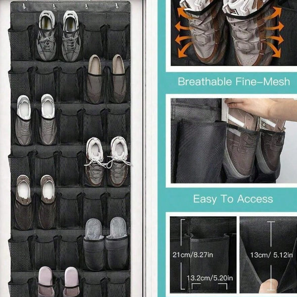 AEELLEEA Over the Door Shoe Organizer, 35 Pocket Black Hanging Shoe Rack with 4 Metal Hooks, Breathable Mesh for Closet Entryway Dorm