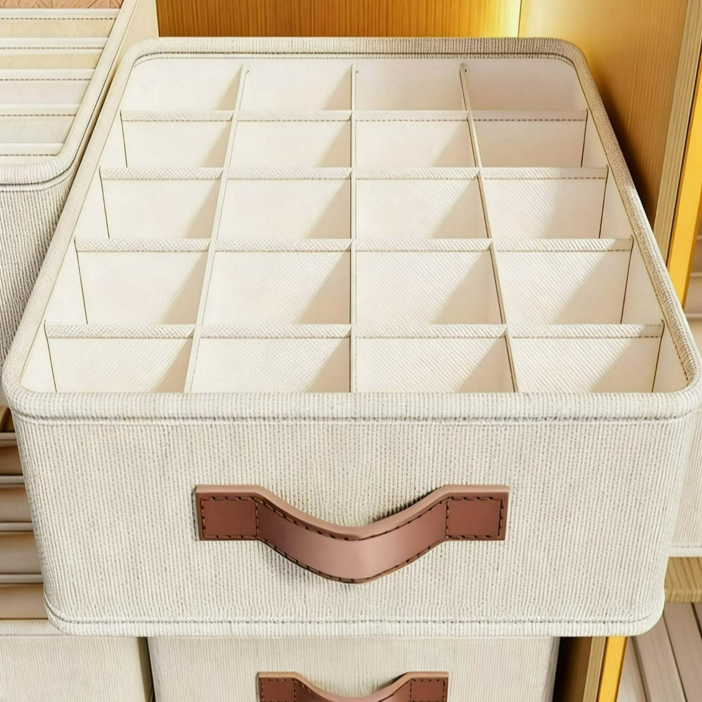 AEELLEEA 2 Pack 20 Grid Underwear Drawer Organizer, Foldable Fabric Closet Storage Box with Handle for Socks Underwear Ties, Beige