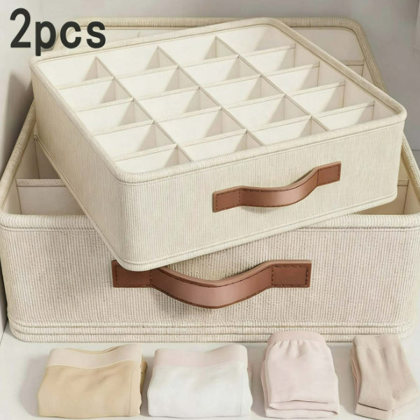 AEELLEEA 2 Pack 20 Grid Underwear Drawer Organizer, Foldable Fabric Closet Storage Box with Handle for Socks Underwear Ties, Beige