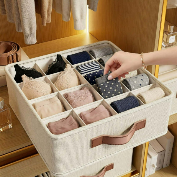 AEELLEEA 2 Pack 20 Grid Underwear Drawer Organizer, Foldable Fabric Closet Storage Box with Handle for Socks Underwear Ties, Beige