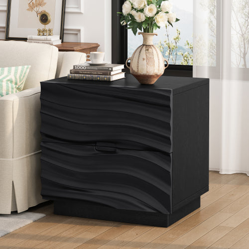 AEELLEEA 2 Drawer Nightstand, Black Wave Textured Front Bedside Table, Modern Wooden End Side Table with Storage for Bedroom