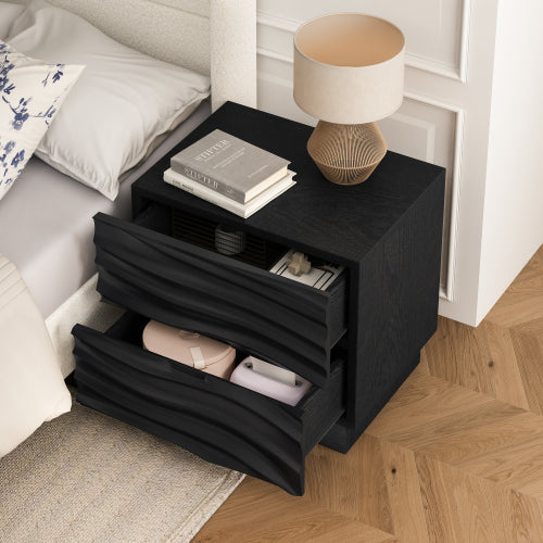 AEELLEEA 2 Drawer Nightstand, Black Wave Textured Front Bedside Table, Modern Wooden End Side Table with Storage for Bedroom