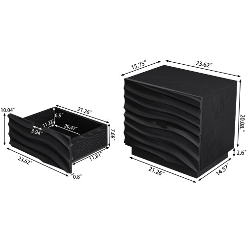 AEELLEEA 2 Drawer Nightstand, Black Wave Textured Front Bedside Table, Modern Wooden End Side Table with Storage for Bedroom