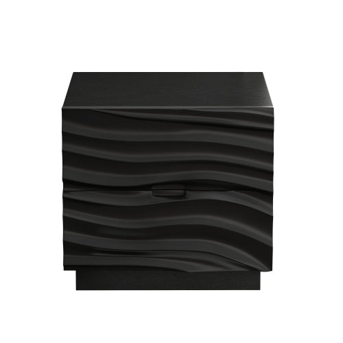 AEELLEEA 2 Drawer Nightstand, Black Wave Textured Front Bedside Table, Modern Wooden End Side Table with Storage for Bedroom