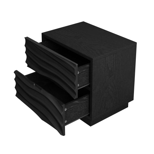 AEELLEEA 2 Drawer Nightstand, Black Wave Textured Front Bedside Table, Modern Wooden End Side Table with Storage for Bedroom