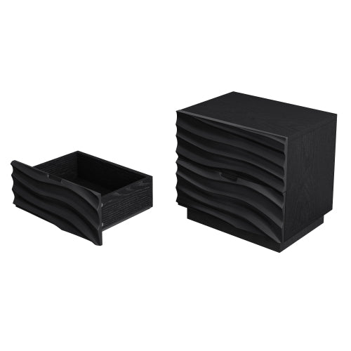 AEELLEEA 2 Drawer Nightstand, Black Wave Textured Front Bedside Table, Modern Wooden End Side Table with Storage for Bedroom