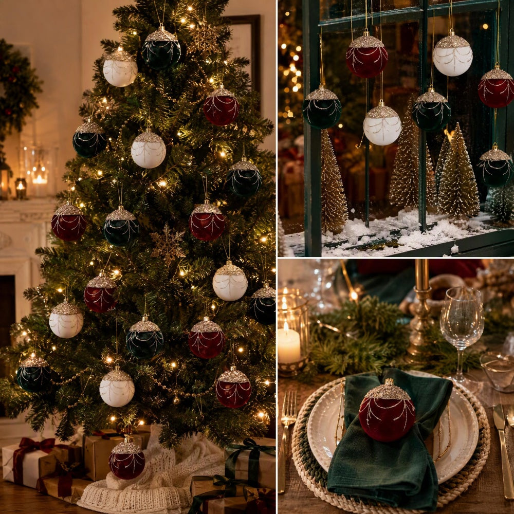 AEELLEEA 3.11 Inch Christmas Ball Ornaments Set, Red Green White Velvet Flocked Hanging Baubles with Sequin Top, Gift Box