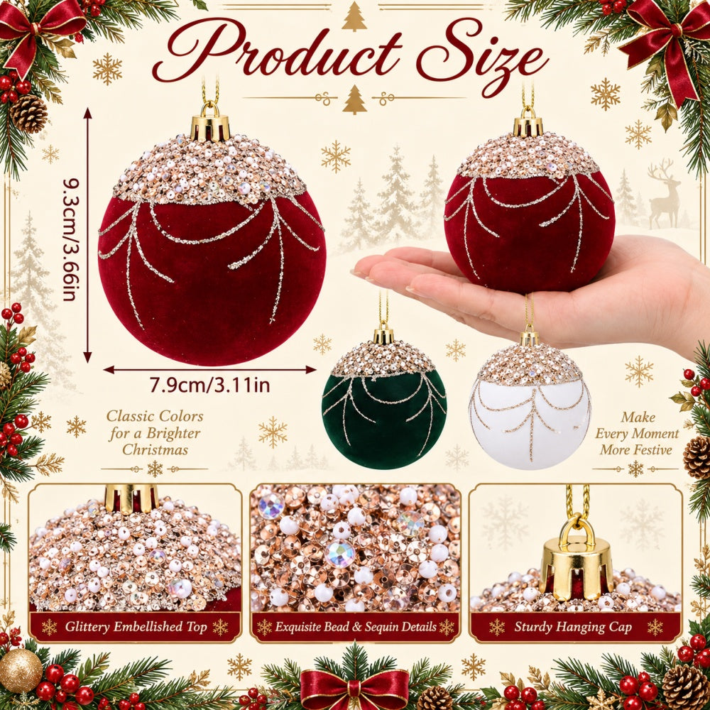 AEELLEEA 3.11 Inch Christmas Ball Ornaments Set, Red Green White Velvet Flocked Hanging Baubles with Sequin Top, Gift Box