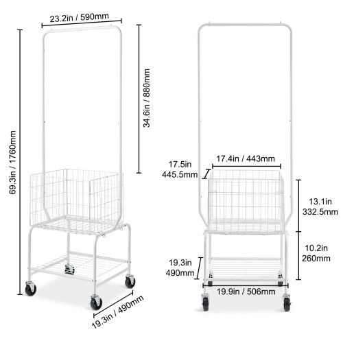 AEELLEEA Rolling Garment Rack, Metal Clothes Rack with Hanging Rod, Wire Basket and Bottom Storage Shelf, Mobile Laundry Cart with Lockable Wheels