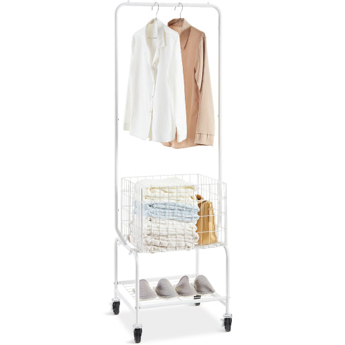 AEELLEEA Rolling Garment Rack, Metal Clothes Rack with Hanging Rod, Wire Basket and Bottom Storage Shelf, Mobile Laundry Cart with Lockable Wheels