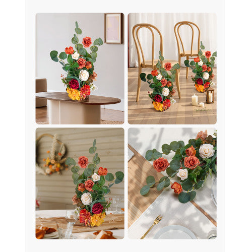 AEELLEEA Fall Artificial Rose Arrangement with Eucalyptus, Wooden Potted Floral Centerpiece for Table Wedding Thanksgiving Decor