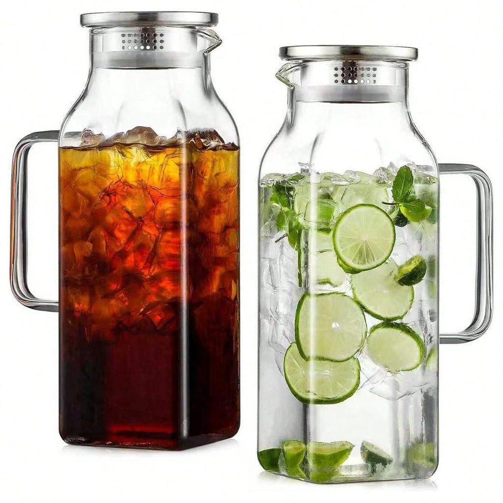 AEELLEEA 2 Pack 68 oz Glass Pitcher with Lid, Square Borosilicate Glass Water Carafe with Handle and Filter for Hot Cold Drinks