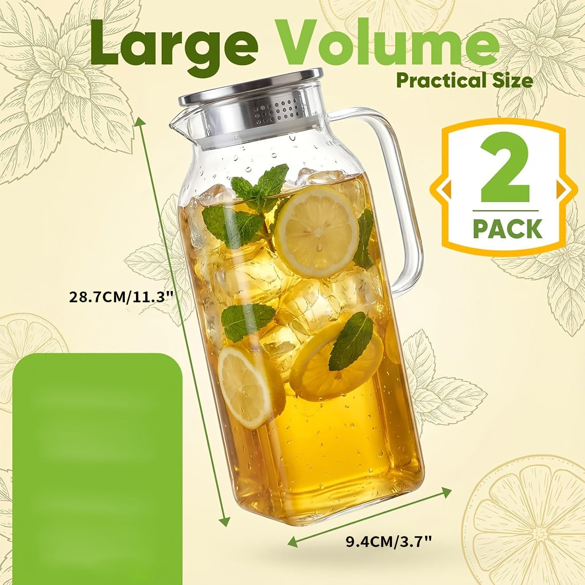 AEELLEEA 2 Pack 68 oz Glass Pitcher with Lid, Square Borosilicate Glass Water Carafe with Handle and Filter for Hot Cold Drinks
